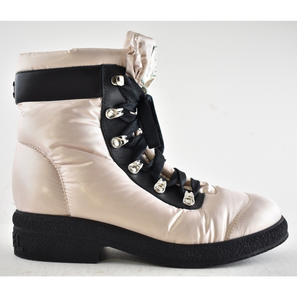 Chanel 18B Coco Neige Pink Black CC Logo Snow Winter Lace Up Tie Combat Boots 37 - Picture 2 of 16